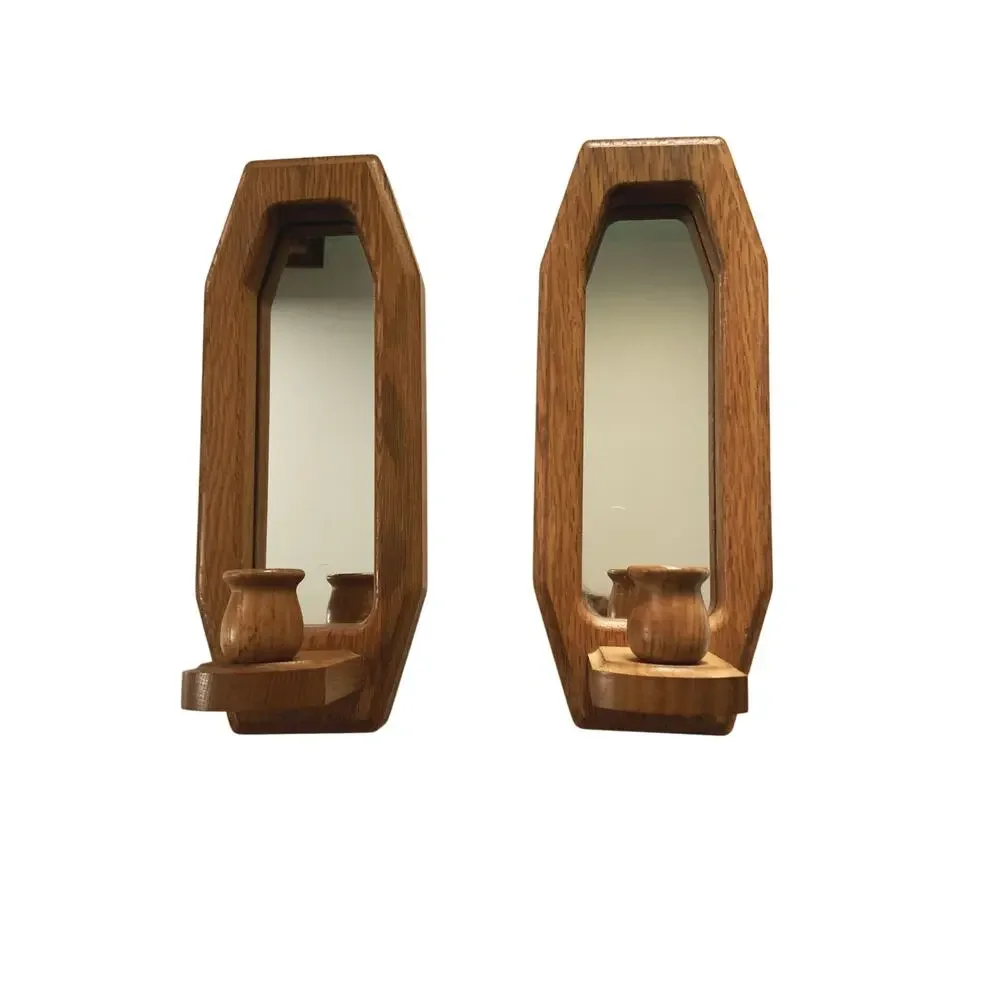 Vintage 70s 80s Pair of Wooden Mirrored Wall Sconces Candle Holders Wall Decor